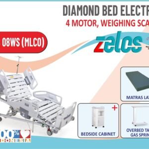 ZELOS DIAMOND BED ELECTRIC 4 MOTOR WEIGHING SCALE  + MATRAS LATEX + BEDSIDE CABINET+OVERBED TABLE GAS SPRING