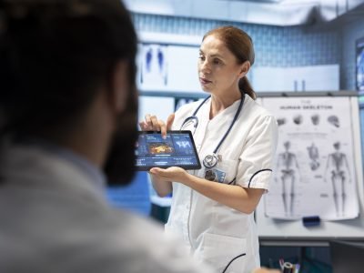 Doctor neurologist showing mri brain scan results to her colleagues, meeting in a cabinet to examine x rays and put a diagnostic. Analyzing tomography tests, neuroscience and radiology.